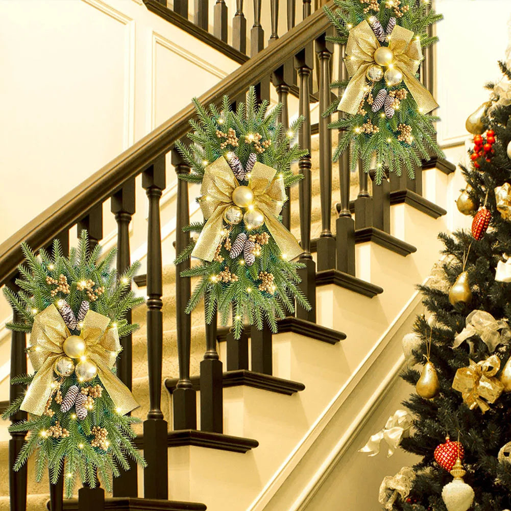 Xmas Wreaths Swag Christmas Decoration Stair Wreath Shiny Door Swag Garland Prelit Stairway Swag Trim For Christmas Party