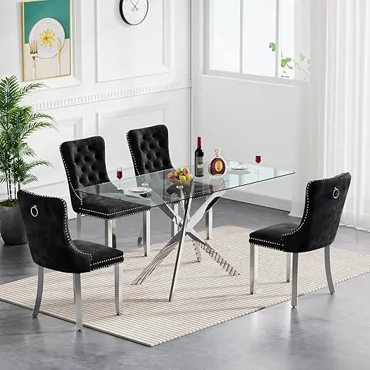 5 Piece Glass Dining Table Set, 4 Velvet Upholstered Chairs for Kitchen Dining Room, Modern Glass Dining Table Set