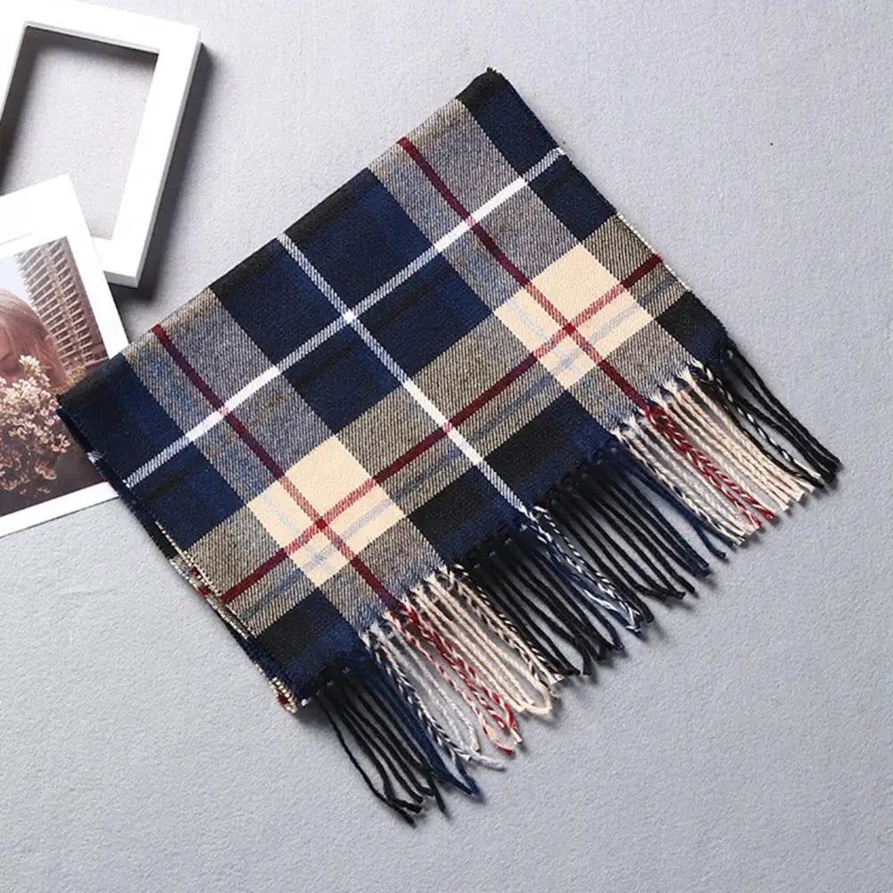 Versatile Men Scarf Men Plaid Scarf Stylish Plaid Pattern Men's Scarf with Tassel Trim Long Wrap Imitation Cashmere for Daily