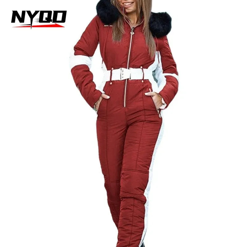 Women One Piece Ski Suit Winter Snowboard Jumpsuit Waterproof Windproof Thicken Hooded Outdoor Sport Wear for Mountain Hiking