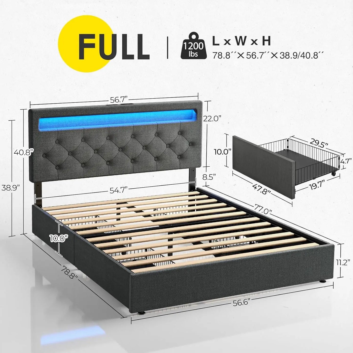 Full Size Bed Frame with Charging Station and LED Lights, Upholstered Bed with Adjustable Headboard and 4 Storage Draw