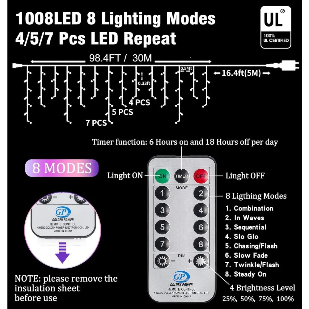 Christmas Icicle Lights Outdoor, 1008 LED 8 Modes with Remote Control, Curtain Fairy String Lights for Christmas Decorations