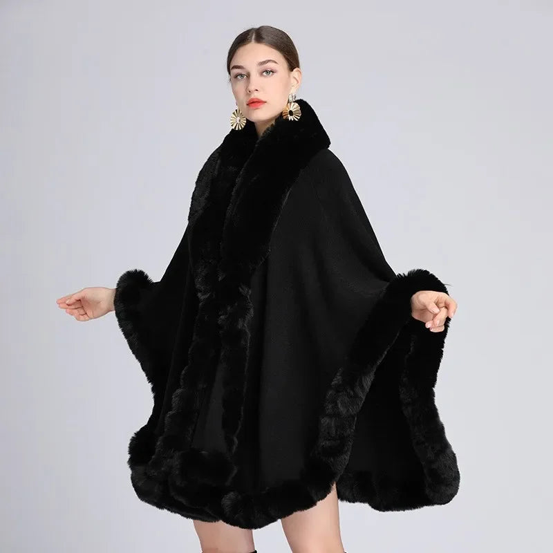 Shawl for Women,Poncho,Imitation Otter,Rabbit Fur Collar,Loose Cape,Warm Cardigan,Cloak Coat,Autumn,Winter,New Overcoat E2002