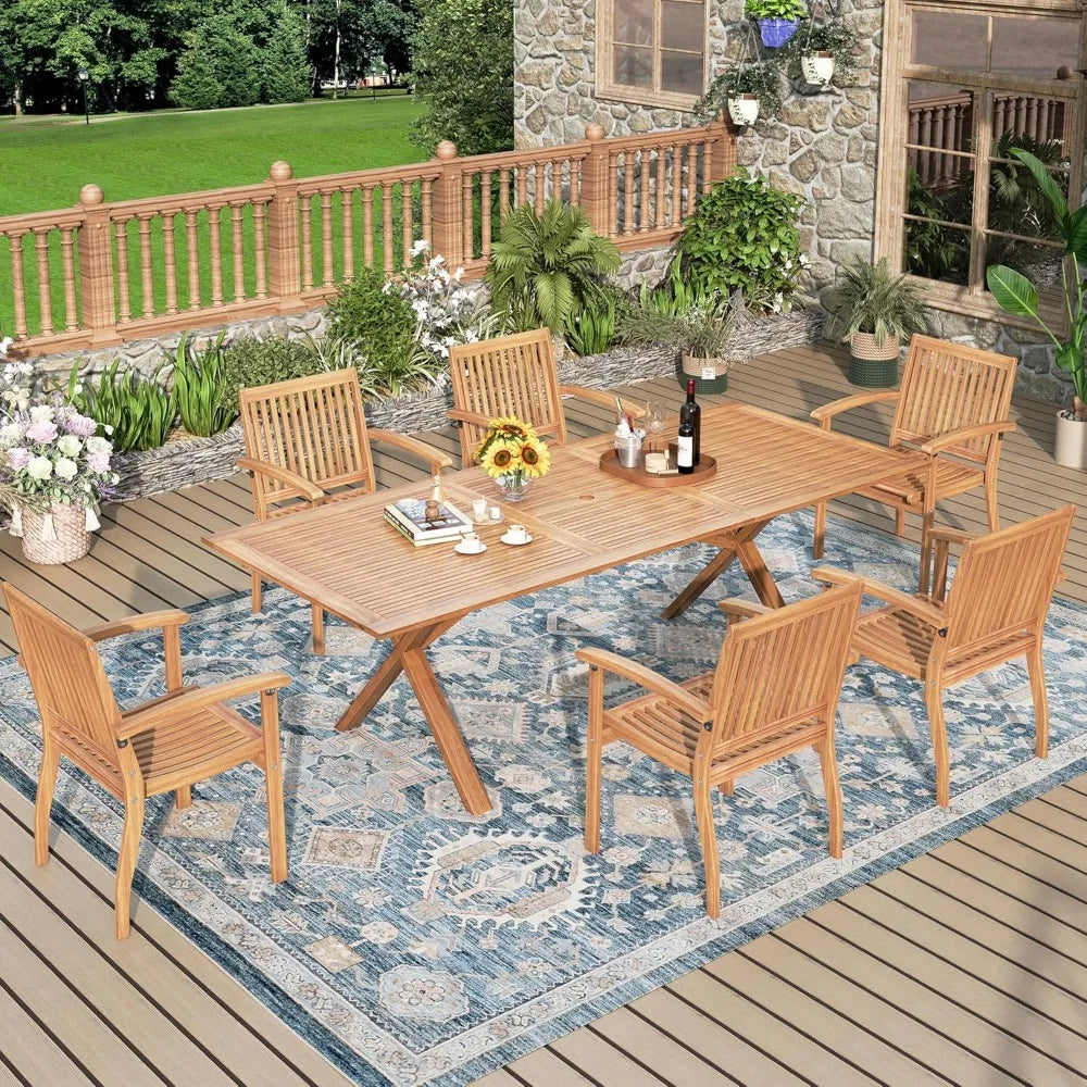 Acacia Wood Outdoor Dining Set, Expandable Dining Table(1.97" Umbrella Hole) and 6 Wooden Chairs, 7Pieces Patio Dining Table Set