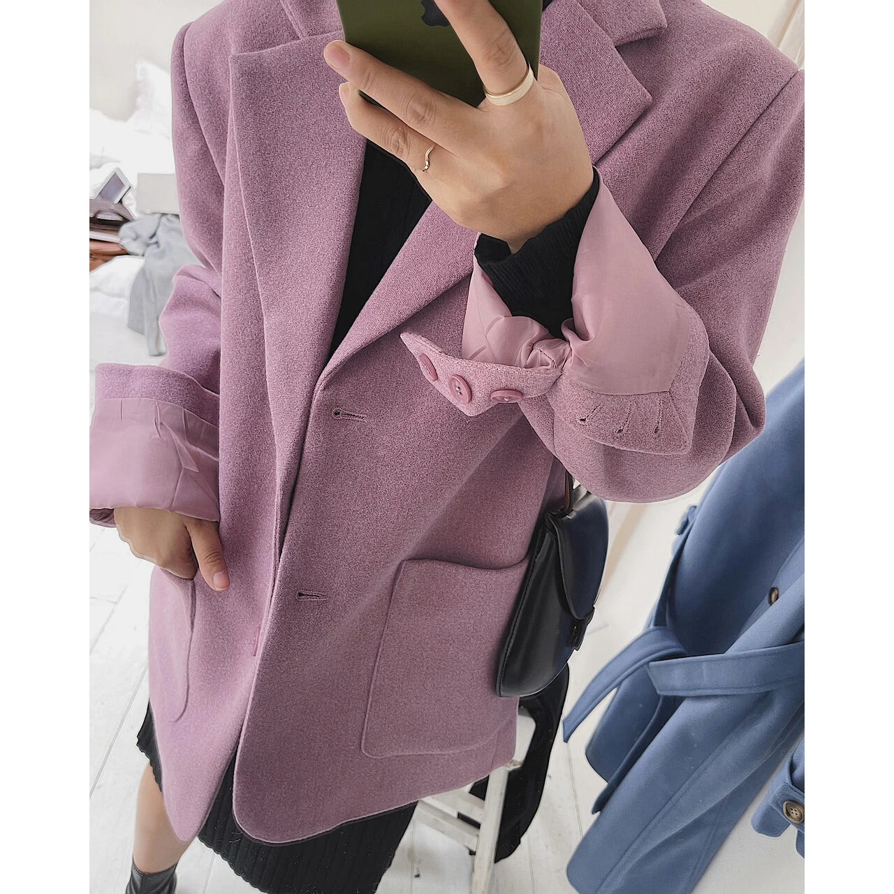 2022 Women Purple Tweed Wool And Mixtures Blends Coat Jacket Female Oem Autumn Winter Overcoat Trench Blazer New Woman Oversize