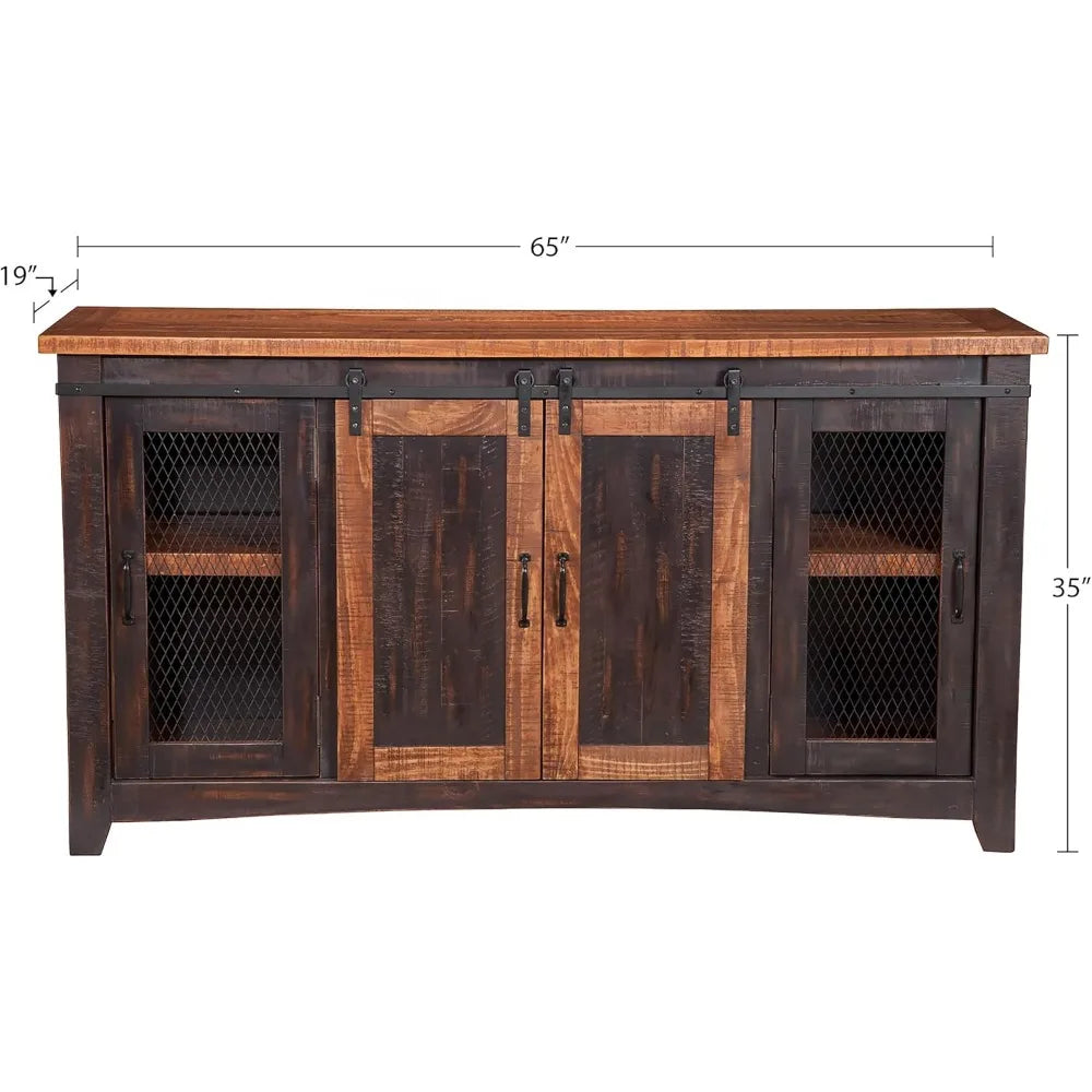 Santa Fe 70" Solid Wood TV Stand, 65"W x 35"H x 19"D, Antique Black and Aged Distressed Pine Sliding Barn Doors. Solid Wood .