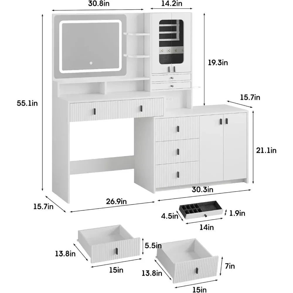 Vanity Desk with Mirror and Lights,White Makeup Vanity Table with Jewelry Cabinet & 7 Drawers,Dressing Table with Charing Sation