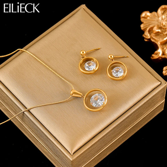 EILIECK 316L Stainless Steel Sparkling White Zircon Necklace Earrings Set For Women New Gift Waterproof Jewelry Set Bijoux