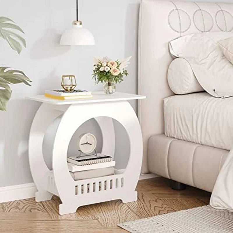 1 Piece End Table Narrow Bedside Table White Nightstand With Storage Shelf Basket Slim Coffee Tables Small Spaces,Sofa Table