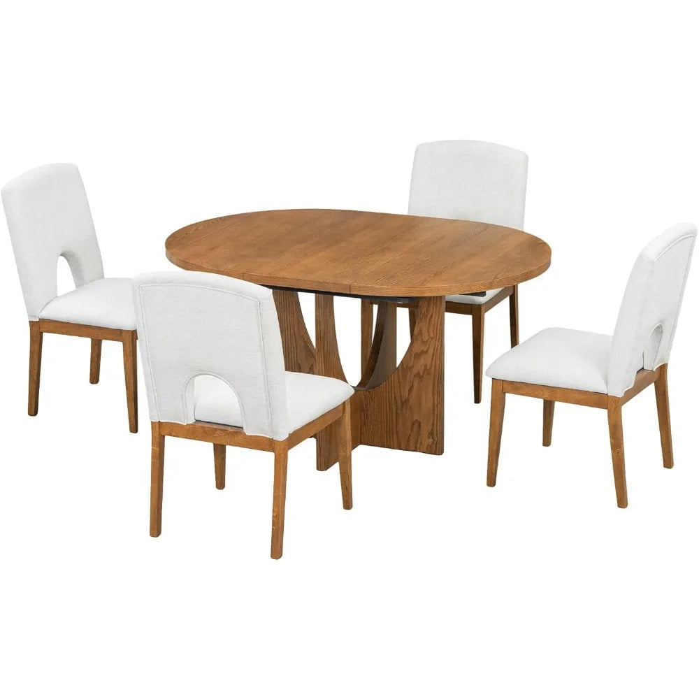 5-Piece Functional Dining Sets, with 16.2inch Removable Leaf 4 Upholstered Chairs,Wood Extendable Round Dining Table Set