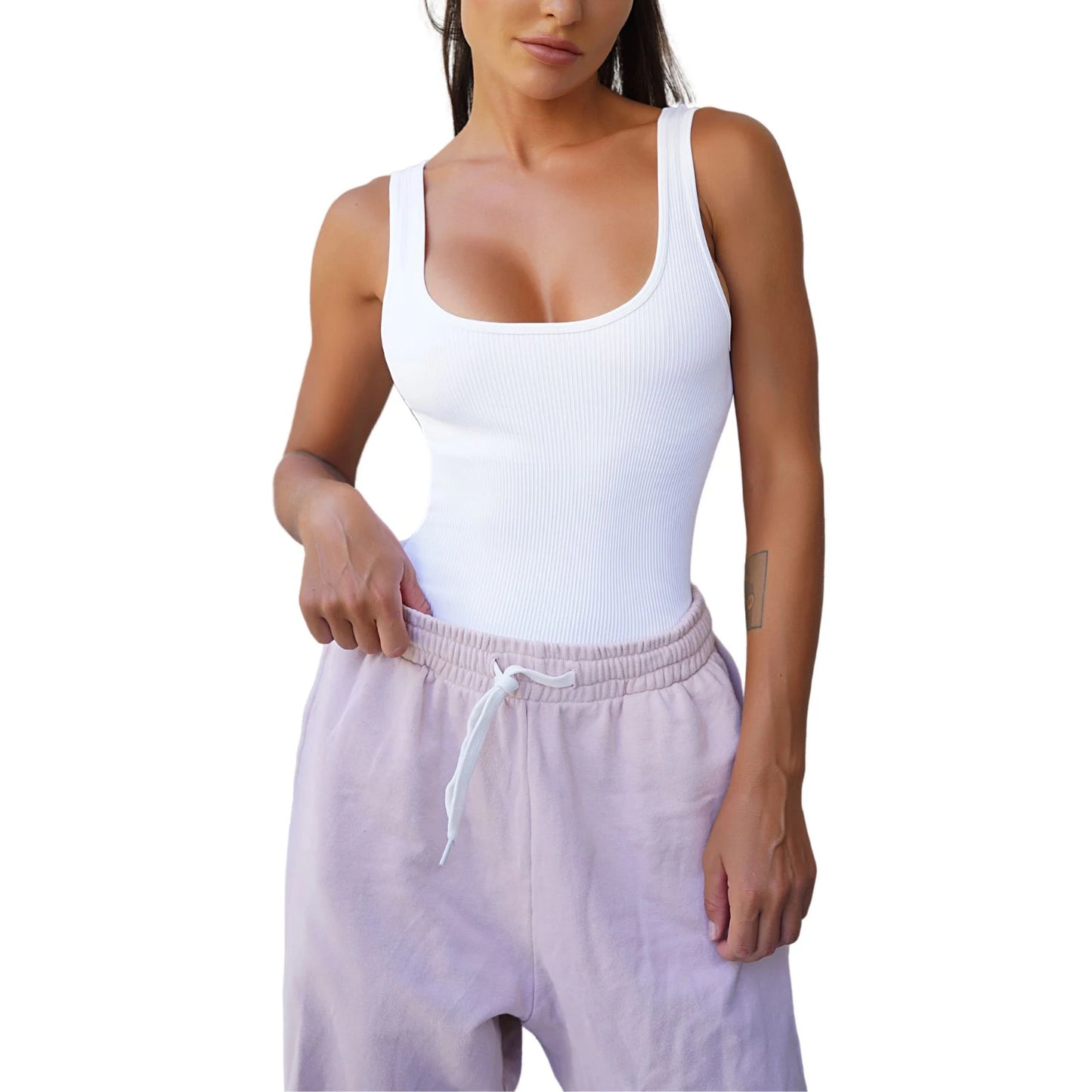 Damen Yoga-Bodysuit mit ärmellosem Schnitt, einfarbig, U-Ausschnitt, nahtlos, schmaler Strampler, lässige Oberteile, Sport-Fitness-Overalls