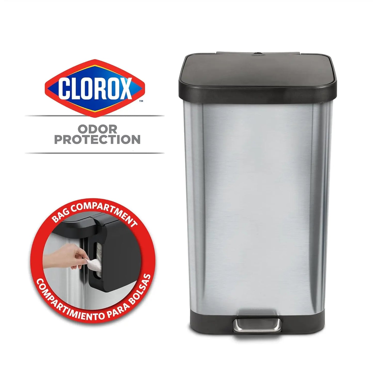 Steel Step Trash Can with Clorox Odor Protection | Large Metal Kitchen Garbage Bin with Soft Close Lid, Foot Pedal and Waste