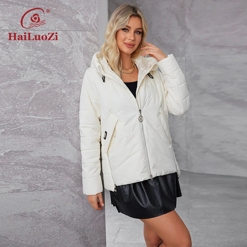 HaiLuoZi 2024 new Plus size women's jacket Hooded side pockets winter thin solid color high quality women's casual jacket 3358