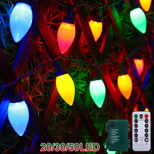 Battery C7 Bulbs Christmas String Lights Remote Control LED Strawberry Garland Fairy Lights Outdoor Lighting Xmas Tree Decor