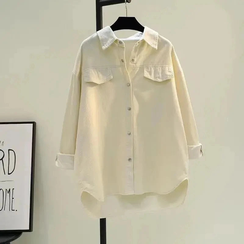 Avocado Green Mid-length Corduroy Shirt Women's 2023 Spring New Loose Everything Thickened Double Pocket Shirt Coat Cardigan X41