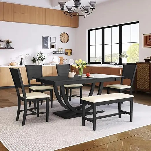 6 Piece Dining Table Set, with Long Bench and 4 Upholstered Dining Chairs, Modern Wooden Half Round Kitchen Table Set