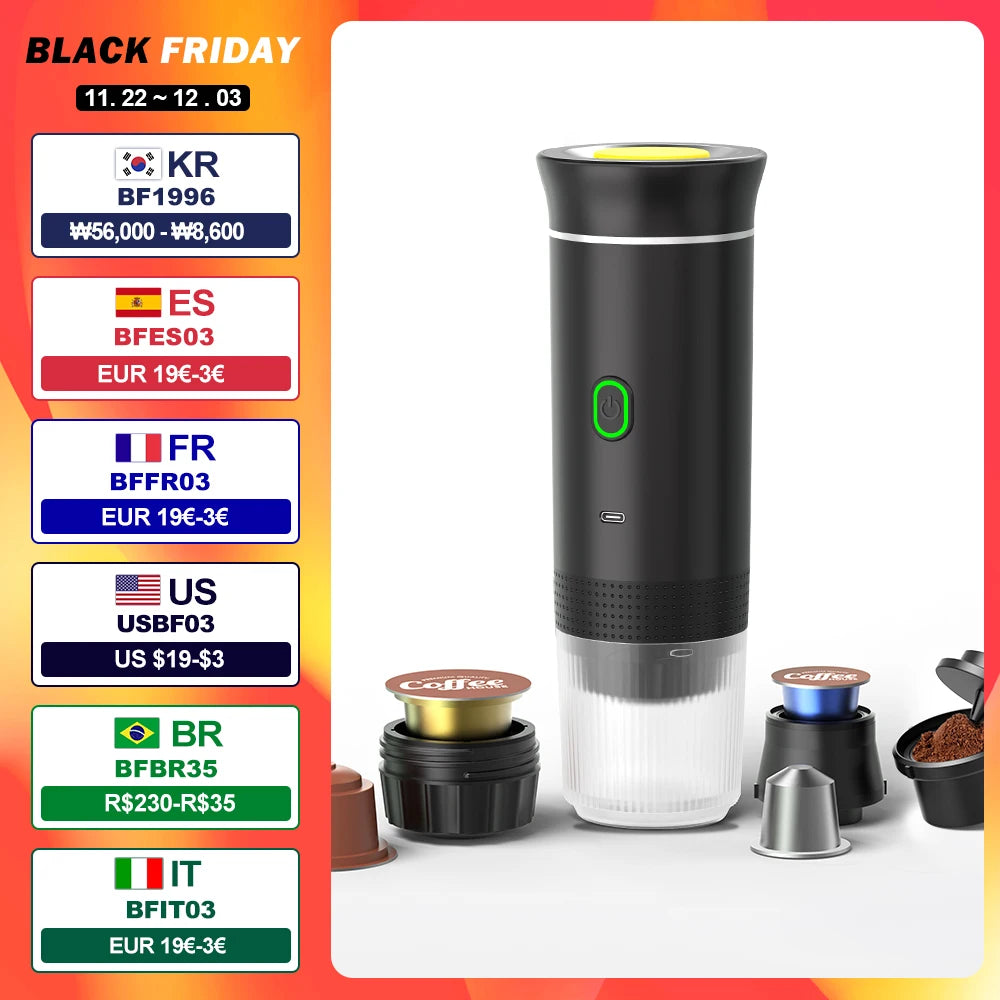 Wireless Electric Portable Espresso Coffee Machine for Car & Home Camping Coffee Maker 3-in-1 Capsule Powder Travel Coffee Maker