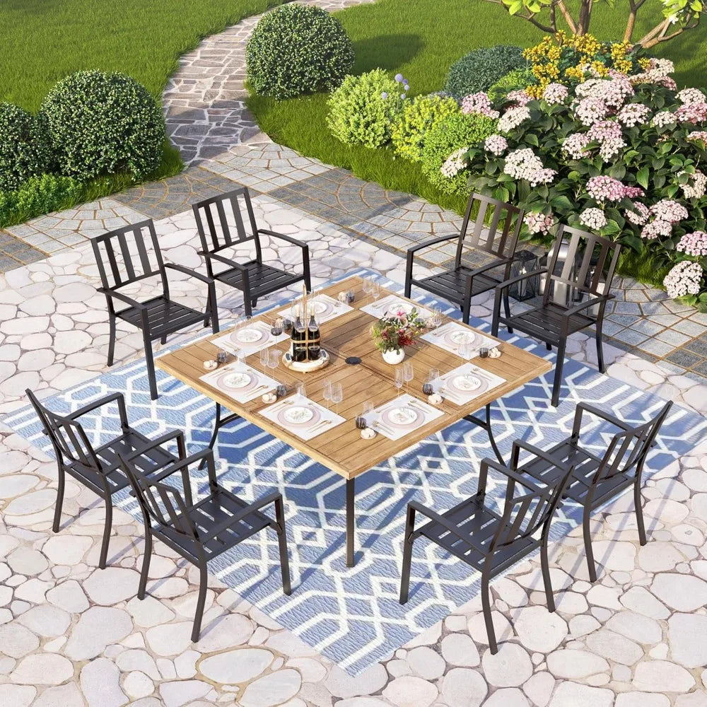 9 Pieces Outdoor Dining Set, Wood-Like Large Square Metal Steel Dinings Table& Stackable Iron Chairs,Patio Dining Furniture Sets