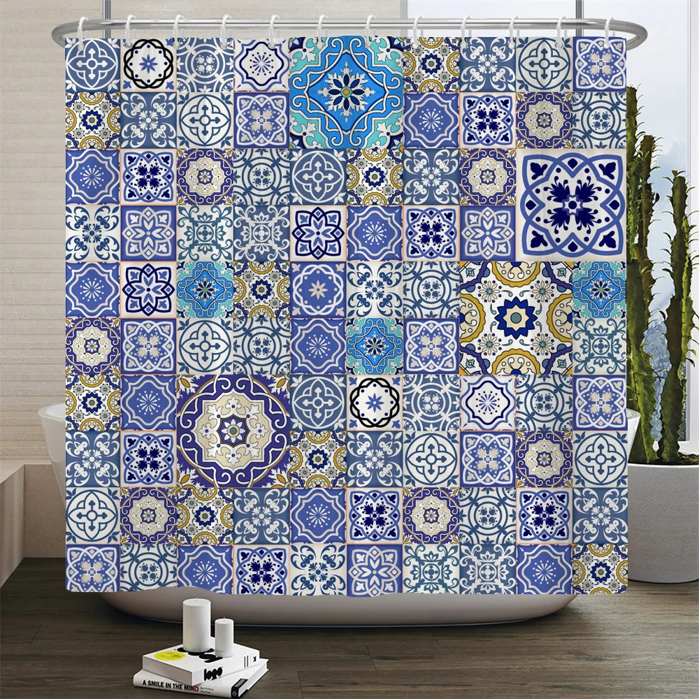 Ethnic Greek style Shower Curtains Waterpoof Bathroom Curtain  Traditional Meander Border Bath Curtain Set Bath Mats Rug Decor