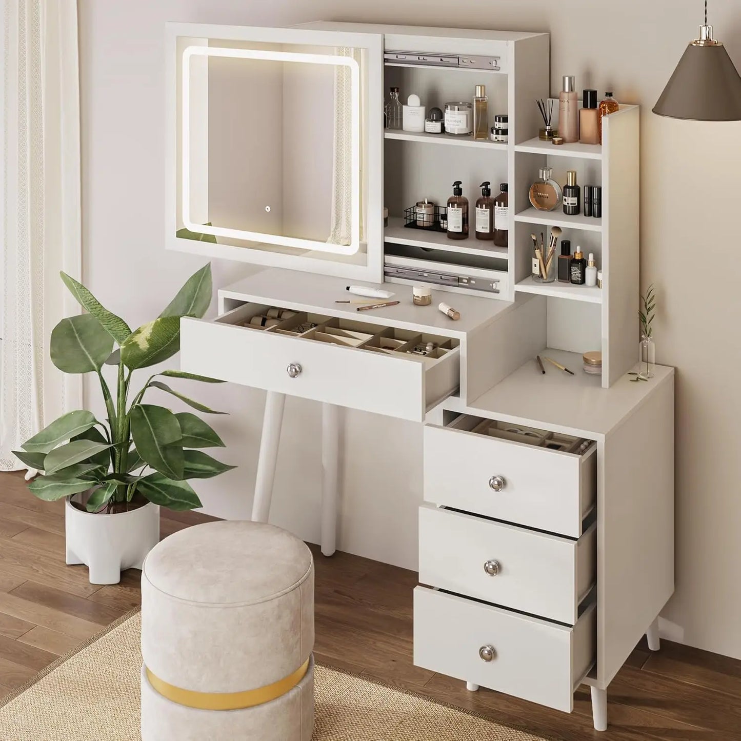 Vanity Desk with Sliding Mirror and LED Lights, 2 in 1 Wooden Makeup Vanity Desk with Sliding Mirror, Medium Makeup Table