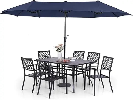 8 Piece Metal Outdoor Table Furniture Sets, with 6 Stackable Chairs, 1 Rectangle Dining Table,Outdoor Dining Table Sets