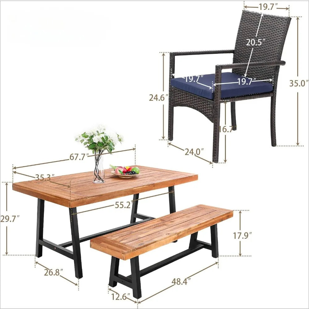 6 PCS Outdoor Wood Dining Set, Acacia Wood Table & Wooden Bench & Cushioned Rattan Wicker Chairs, OutdoorDining Furniture Set