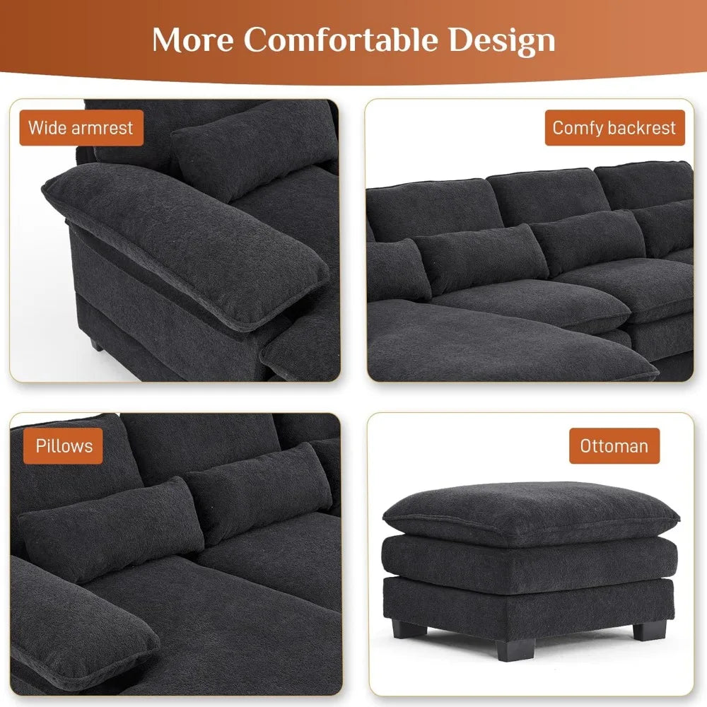 U Shape Sectional Sofa, Upholstery Comfy Modular Sofas, 4 Seat Chenille L-Shaped Sleeper Sofa,Living Room Cloud Couch