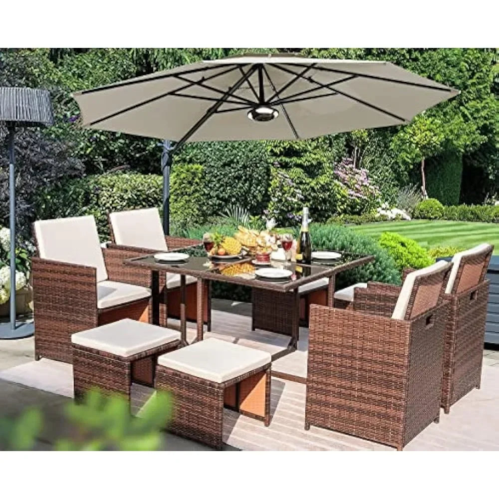 9 Pieces Dining Outdoor Furniture, Patio Wicker Rattan Chairs and Tempered Glass Table Sectional Conversation Set