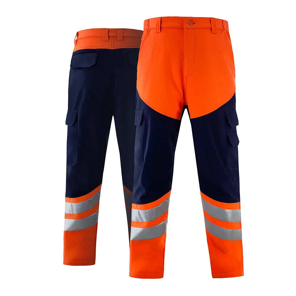 Men's Orange Black Safety Softshell Jacket Reflective High Visibility Coat Work Pants Fleece Lined Workwear Jacket And Trousers