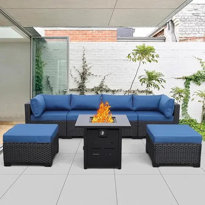 7 Pieces Outdoor PE Wicker Furniture Set Patio Rattan Sectional Conversation Sofa Set with Red Cushions and Fire Pit Table