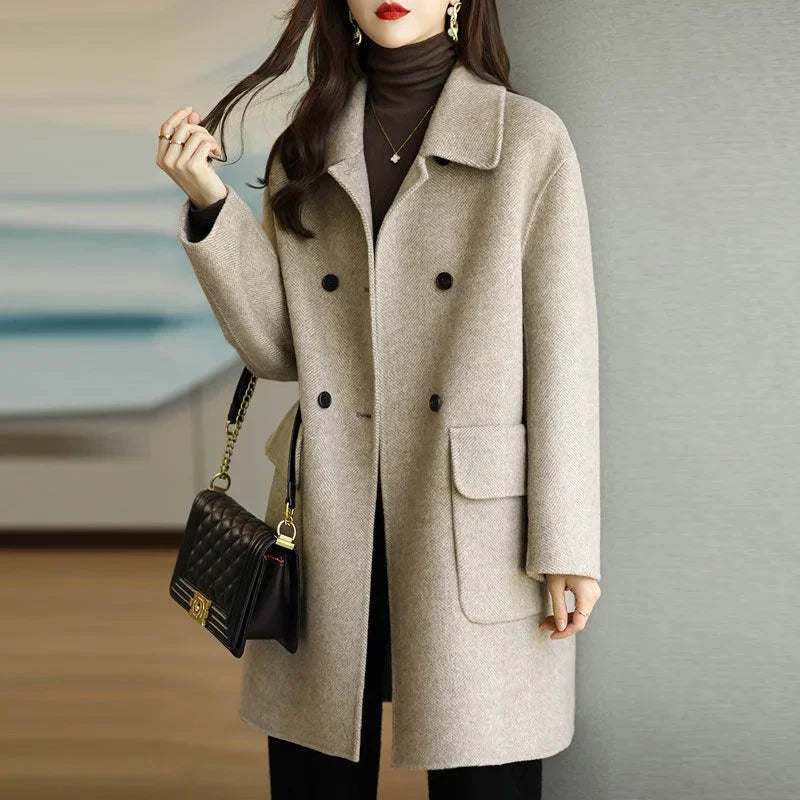 Woolen Jacket Women's Coffee Color Thickened Slim Fit Korean Style Loose Fit Medium Length Overcoat For Autumn/Winter 2024