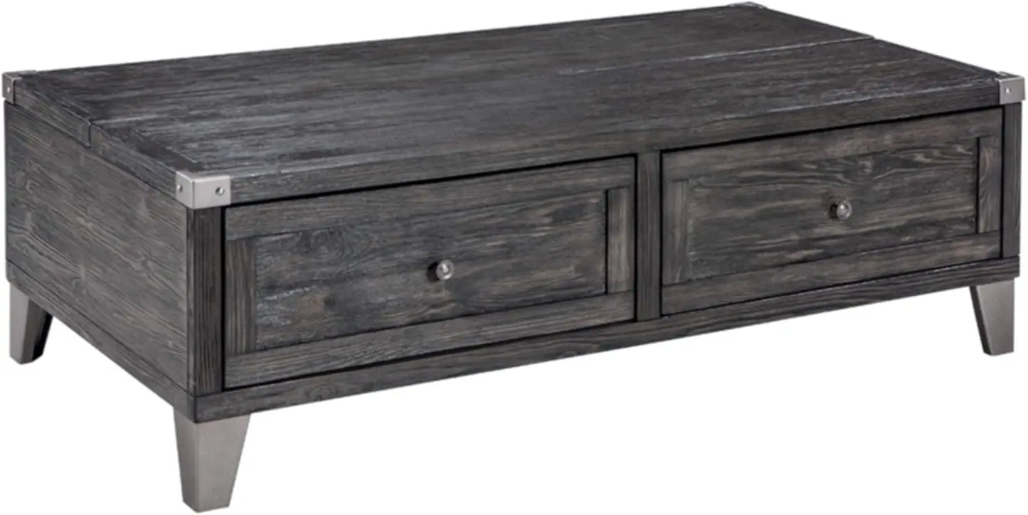 Industrial Rectangular Lift Top Coffee Table with 2 Storage Drawers, Dark Gray with Weathered Pine Finish