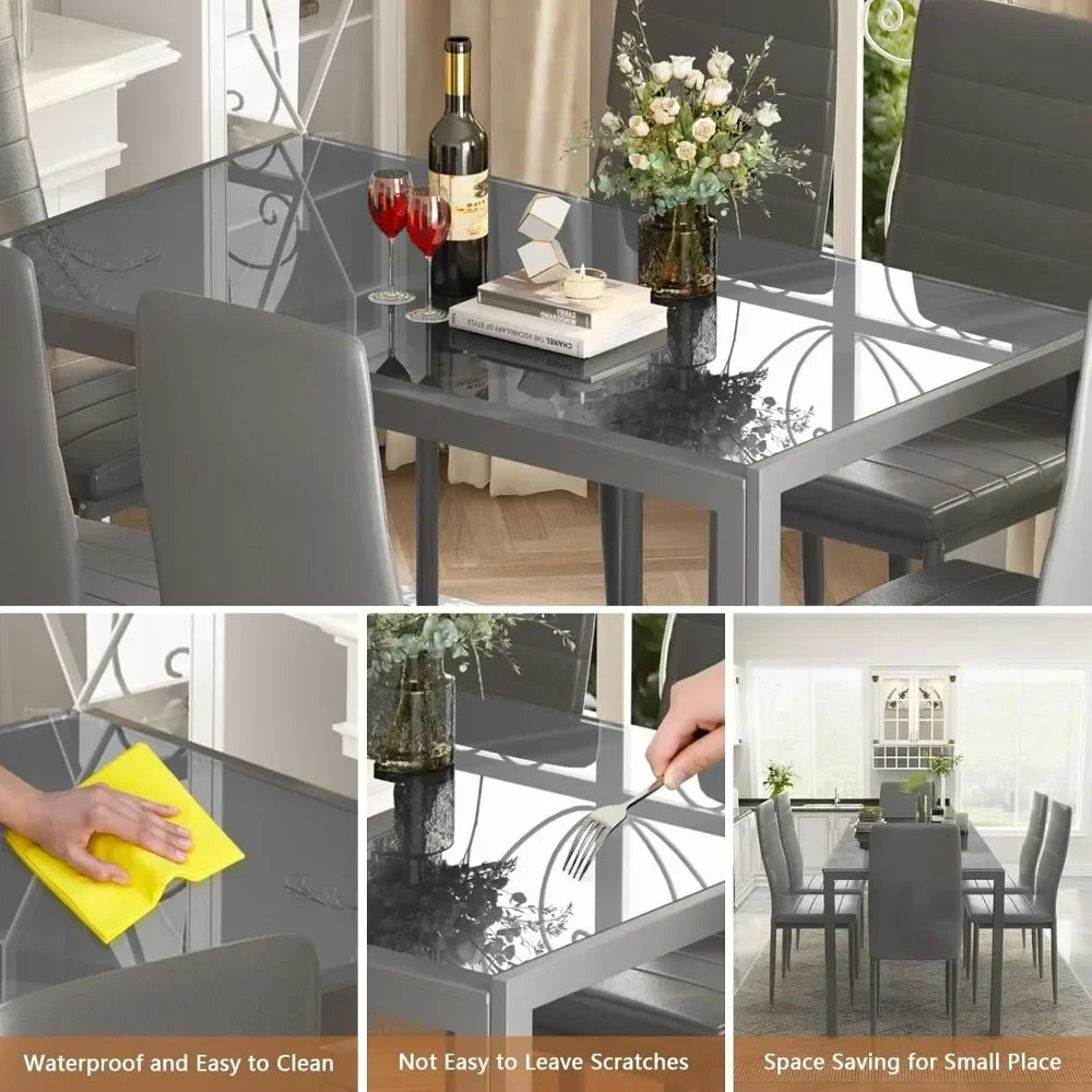 7 Piece Kitchen 6 Person, Tempered Glass Table and PU Leather Chairs Modern Dining Room Sets for Small Space,Dining Room Sets