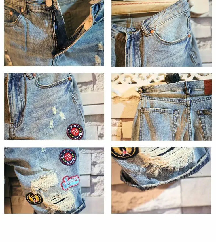 Summer Men's Letter Printing Denim Shorts Casual Holes Embroidery Label Medium 5-point Denim Pants Male Fashion Shorts