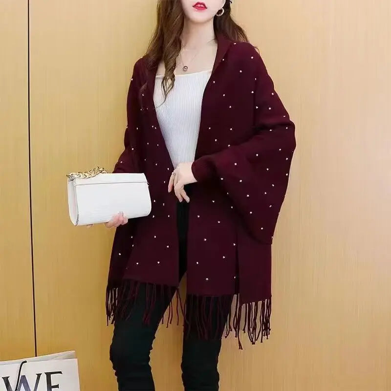 4 Colors Soild Cloak Oversize Beading Crystal Winter Knitted Shawl Poncho Out Wear Coat Gift For Women Shinny Long Sleeves Cape