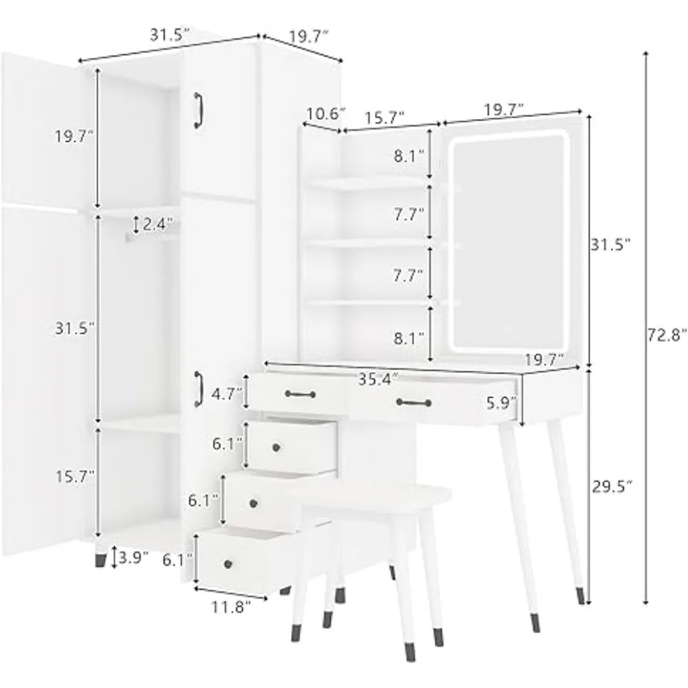 Vanity Table Set with Mirror and Lights, Makeup   Table with Charging Station & Removable LED Mirror, Dressers