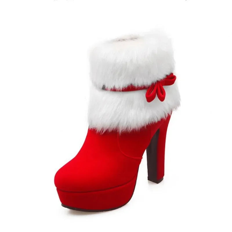 Winter Women Ankle Boots Christmas High Heels Platform Shoes Femme Warm Fur Short Boots Red Black Ladies Party Shoes Plus Size