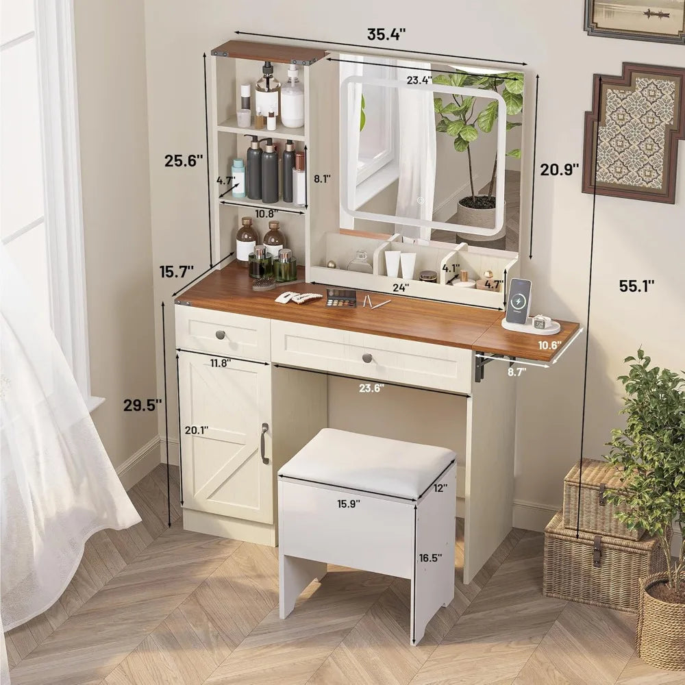 Vanity Desk with Large HD Mirror & Adjustable Lights, with Lots Storage with Hair Dryer Holder & Power Strip, Makeup Desk