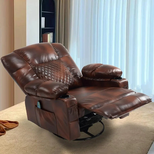 Swivel Rocker Recliner Chair with Massage and Heat, Overstuffed PU Leather Manual Recliner for Adults, Brown,Living Room Chairs