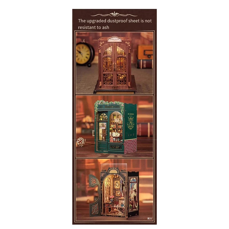 DIY Book Nook Owl Bookstore Kit, 3D Wooden Puzzle Bookend For Bookshelf Decor, With Light Model Kits For Adults