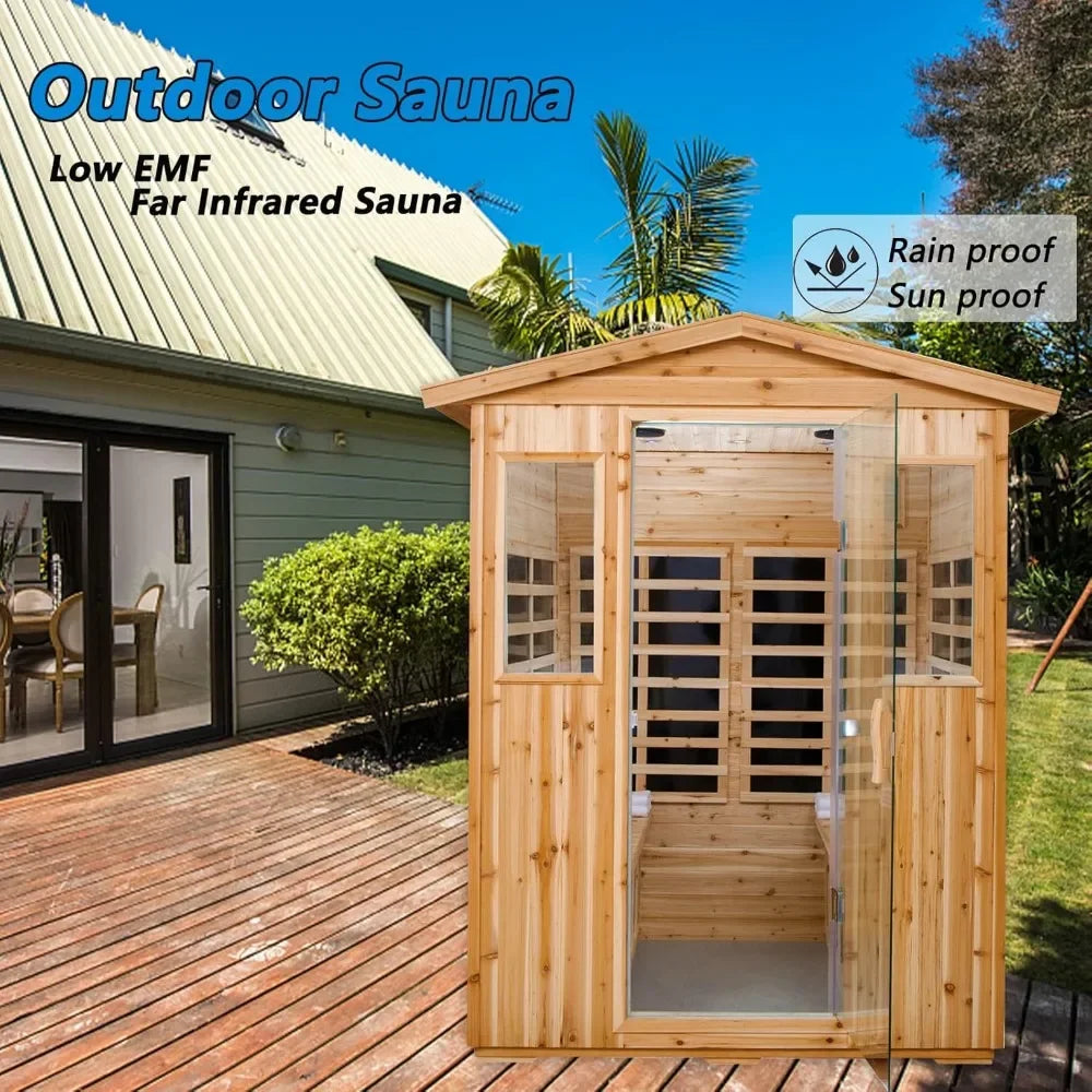 Sauna Outdoor 4 Person Far Infrared Sauna Low EMF Wooden Sauna Room for Home, 2050watt Canadian Hemlock