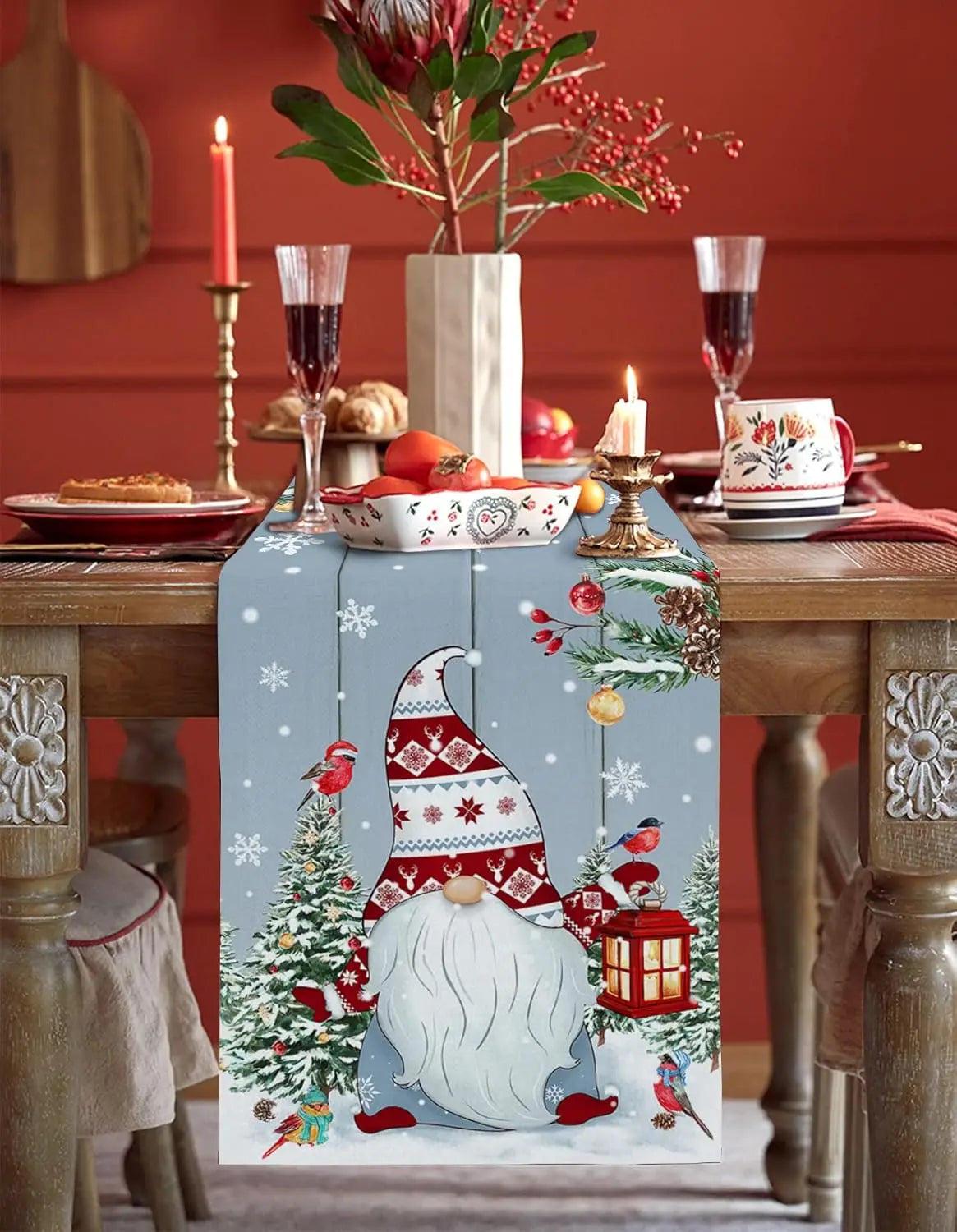 Christmas Tree Gnome Snowflake Berry Wood Grain Linen Table Runner Dresser Scarf Winter Xmas Party Decor Navidad Decoration 2025