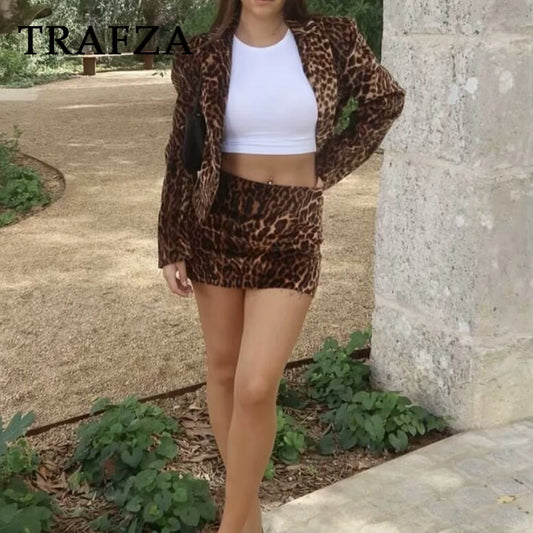 TRAFZA Fashion 2024 Autum Winter Leopard  Women Suit High Street Jacket Elegant Blzaer+Sheath Mini Skirt Chic Sexy Party Sets