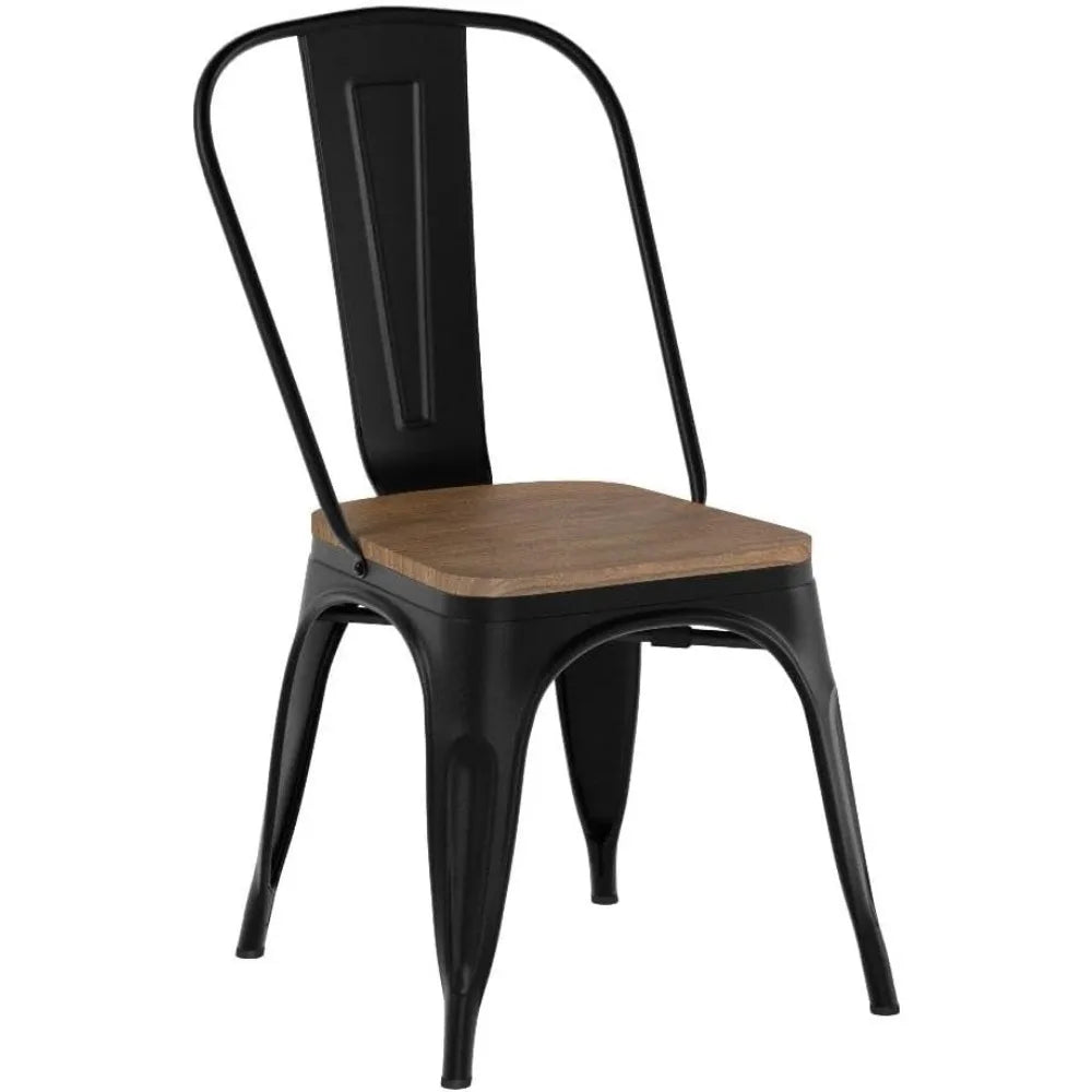 18 Inch Classic Iron Metal Dining Chair with Wood Top/Seat Indoor-Outdoor Use Chic Dining Bistro Cafe  Set of 4 Black