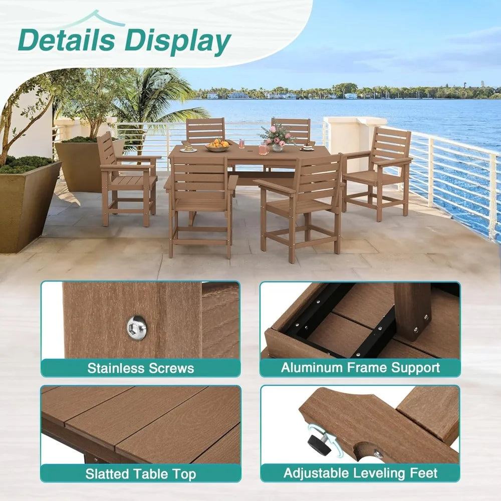 Patio Table and Chairs Set 7 Pieces, with Umbrell Hole, with 6 Patio Chairs, Weather Resistant Outdoor Dining Sets