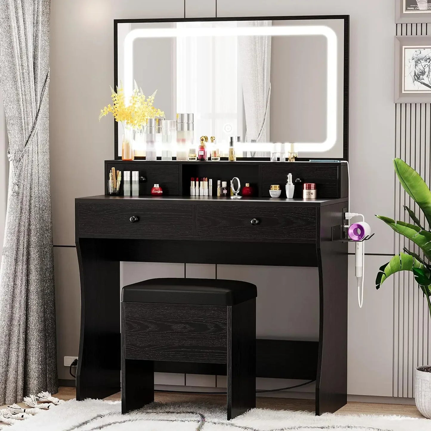 Vanity Desk with LED Lighted Mirror & Power Outlet & 4 Drawers,Dressing Makeup Table Set with Storage Stool and Hair Dryer Stand