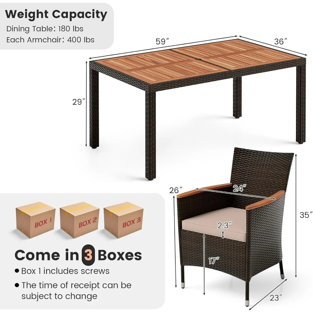 7 Pieces Outdoor Wicker Dining Set, Patio Dining Set with Acacia Wood Table and 6 Stackable Chairs, Outdoor Table and Chairs Set