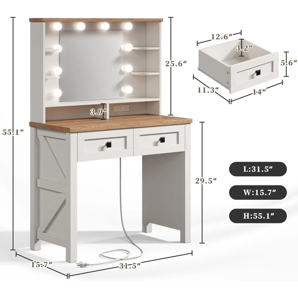 Vanity Desk with Mirror and Lights 31.5" W Farmhouse Makeup Vanity Desk with Charging Station, Stool Not Included, Vanity Table