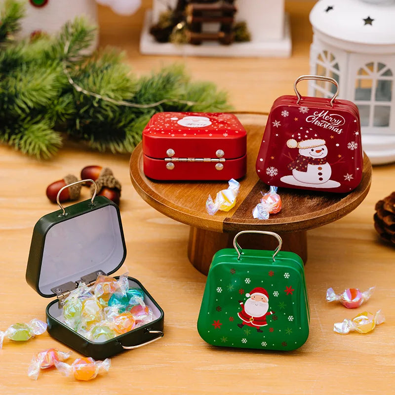 Christmas Tinplate Candy Box Mini Handbag Shape Gift Tin Box Kids Sweets Packaging Boxes Xmas Happy New Year Party Supplies