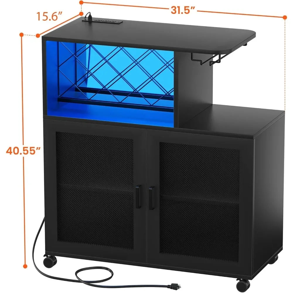 Wine Bar Cabinet with Wheels, Small Liquor Cabinet with LED Light, Home Bar Cart with Power Outlets, Coffee Bar with Wine Rack